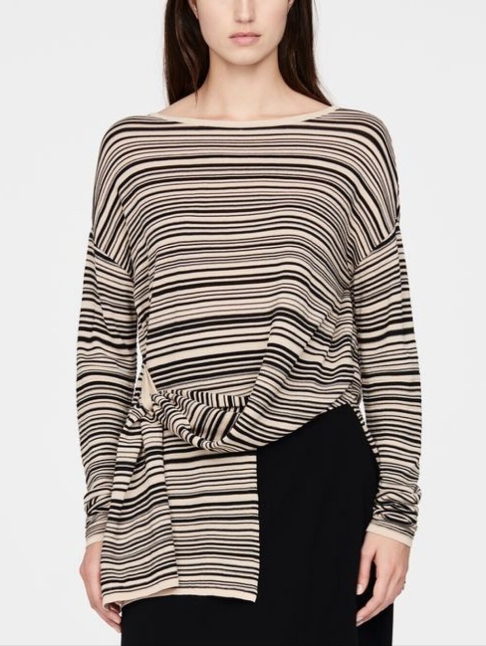 NEW Sarah Pacini Tan Striped Asymmetric Sweater Mako Cotton Sweater One Size
